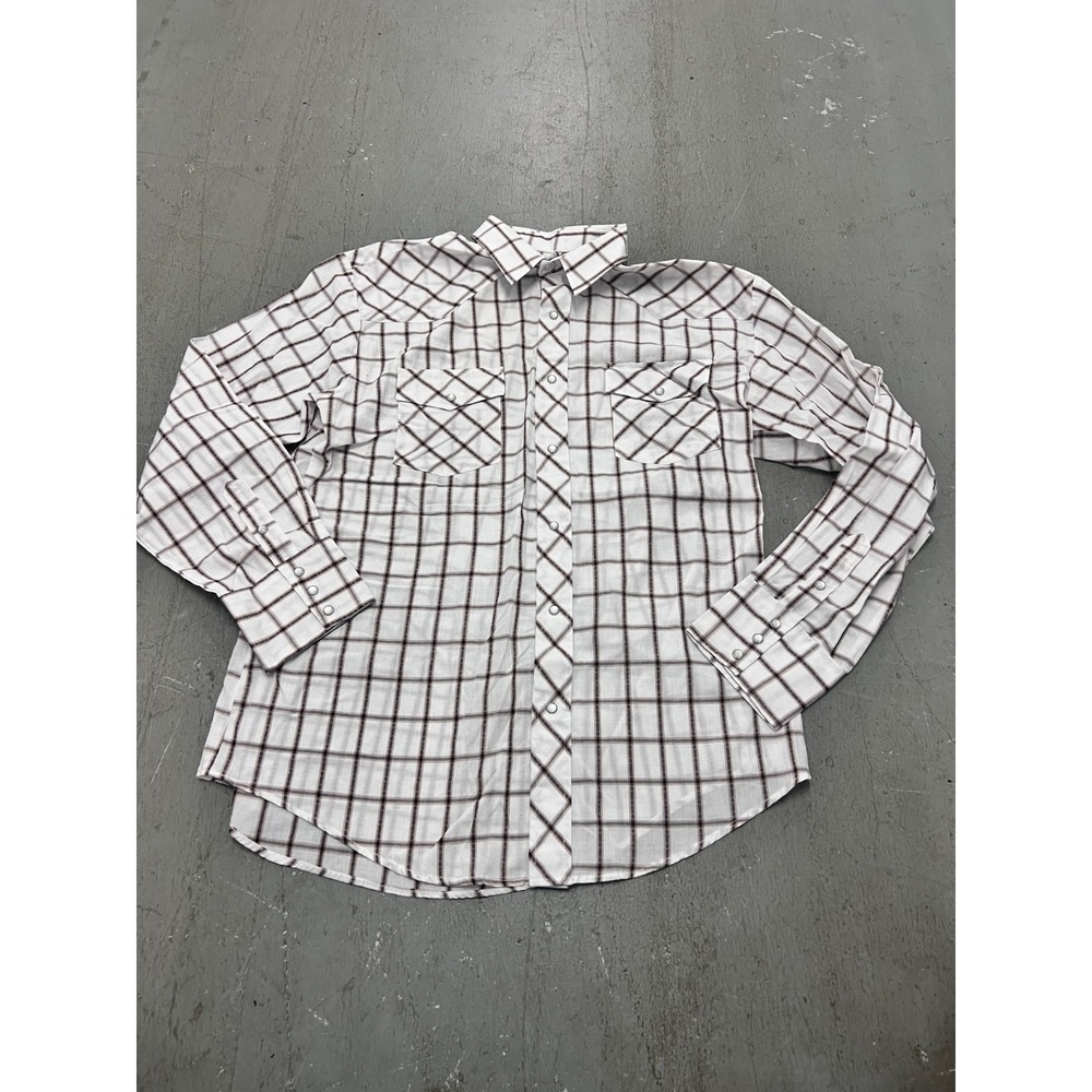 Roper Western Shirt Mens Large White Brown Plaid Pearl Snap Long Sleeve Cowboy